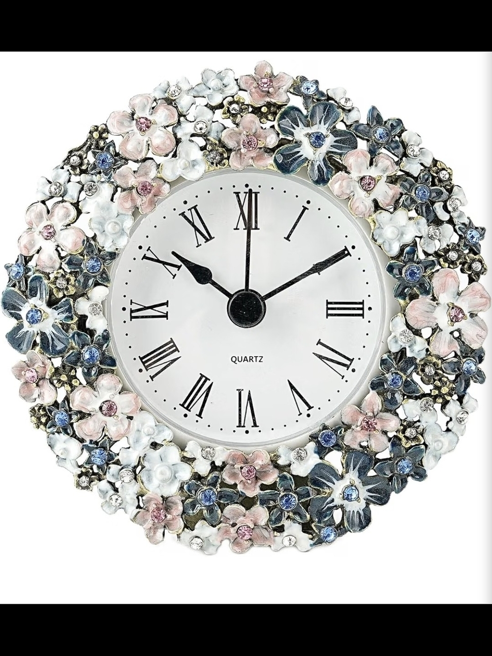 Small Round Floral Quartz Table Clock | Pink & Blue | NEW IN BOX |